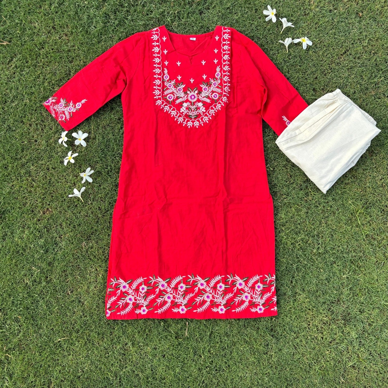 Pure Cotton Red Co-ord Set With Embroidery Detail For Women
