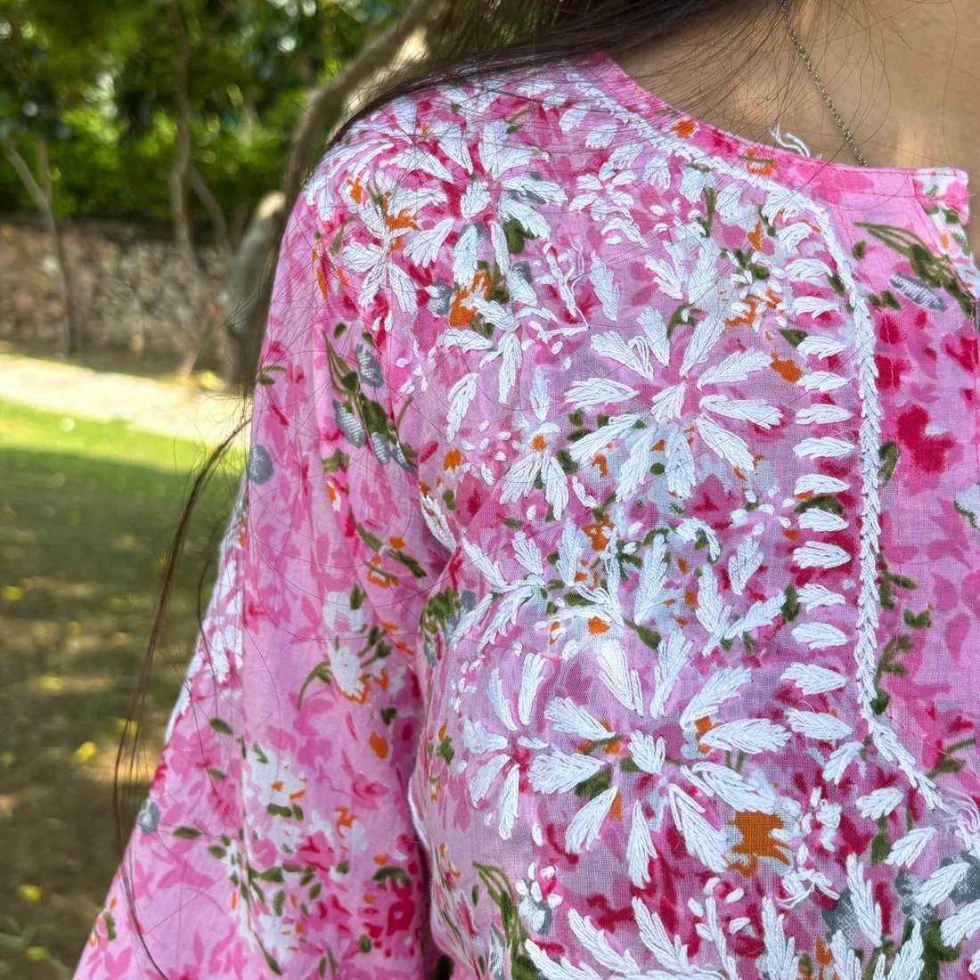 Pink Lucknowi Chikankari Printed Cotton Short Kurti For Women