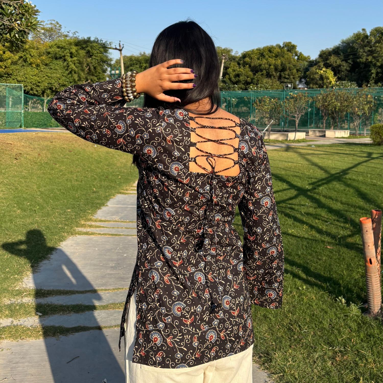 Pure Cotton Full Sleeves Black Jaipuri Printed Short Kurti With Back Zig Zag Dori