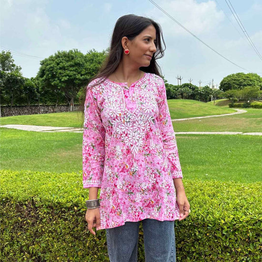 Pink Lucknowi Chikankari Printed Cotton Short Kurti For Women