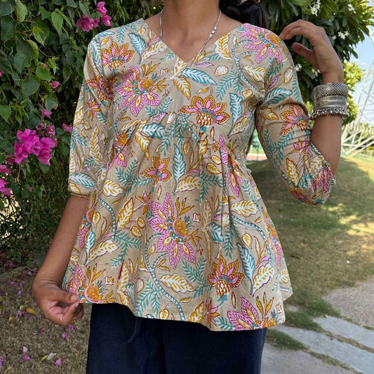 Pure Cotton Alia Cut Floral Printed Short Kurti For Women