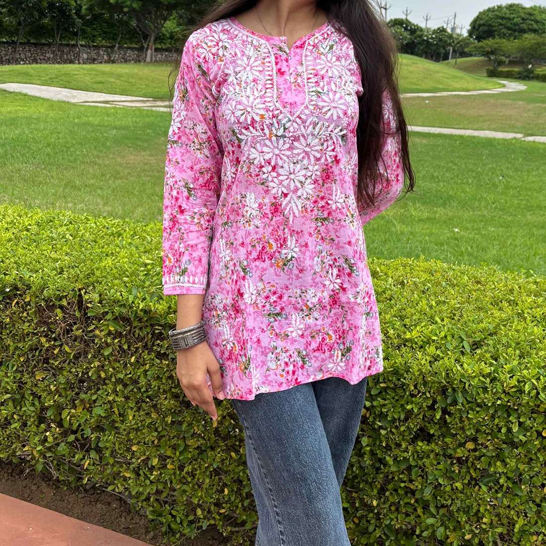 Pink Lucknowi Chikankari Printed Cotton Short Kurti For Women