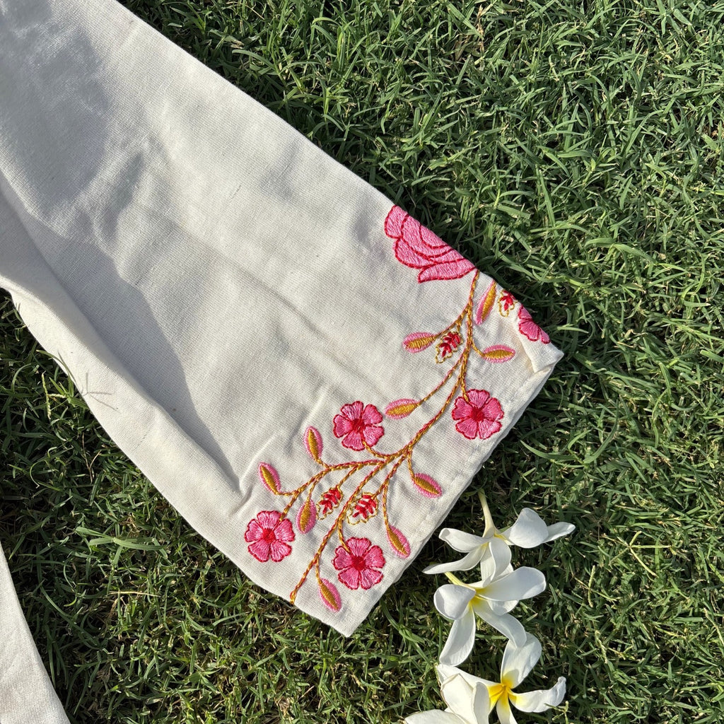 White Color Co-Ord Set With Floral Pink Embroidery On Kurti & Pant For Women