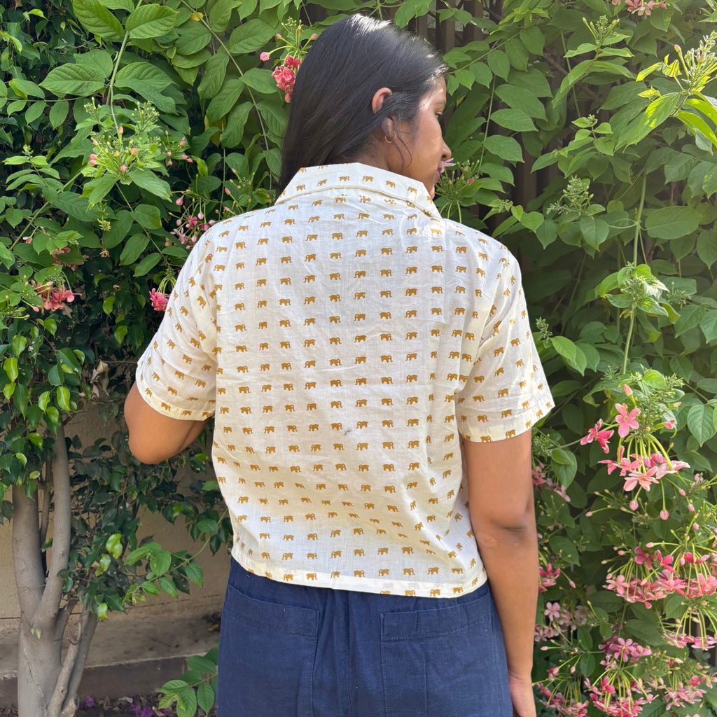 Yellow Cute Elephant Print Crop Shirt Pure Cotton For Women