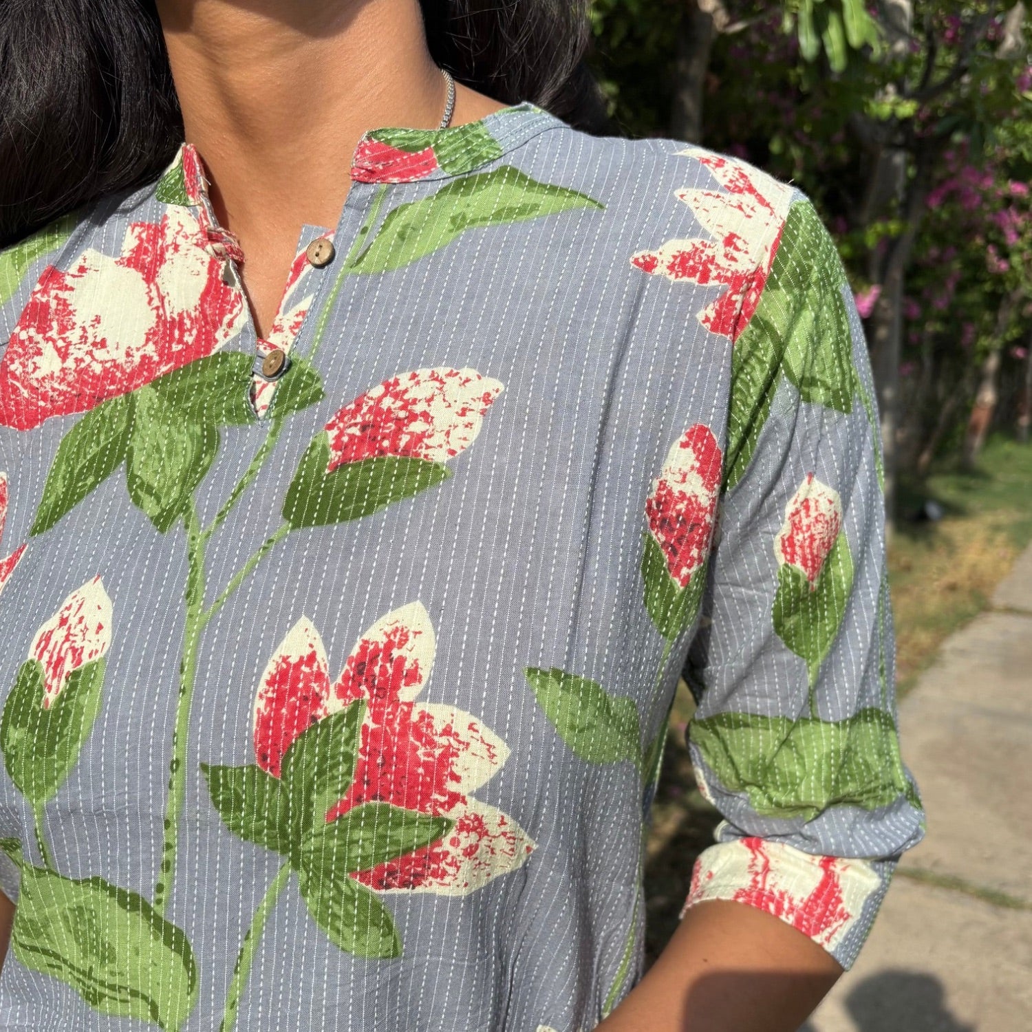 Grey Color Pure Cotton 3/4th Sleeves Kantha Work Floral Print Short Kurti For Women