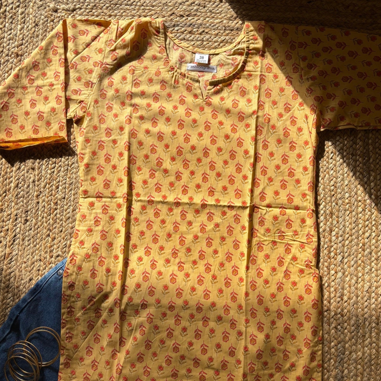 Yellow Color Pure Cotton 3/4th Sleeves Printed Short Kurti For Women