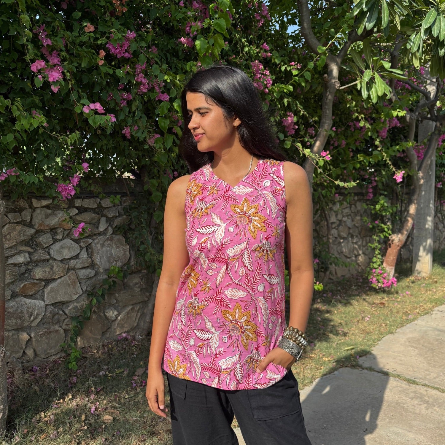 Cut Sleeves Pure Cotton Pink Color Jaipuri Print Short Kurti For Women