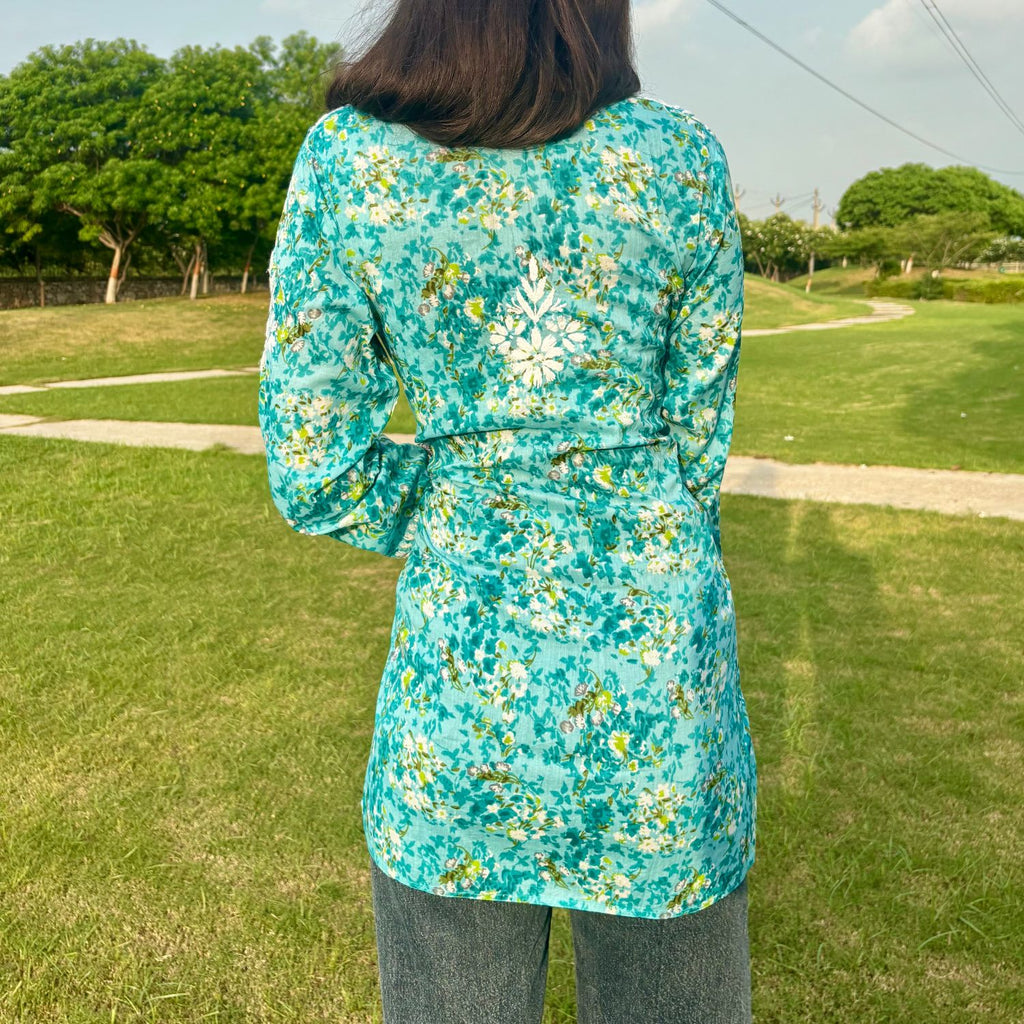 Turquoise Lucknowi Chikankari Printed Cotton Short Kurti For Women