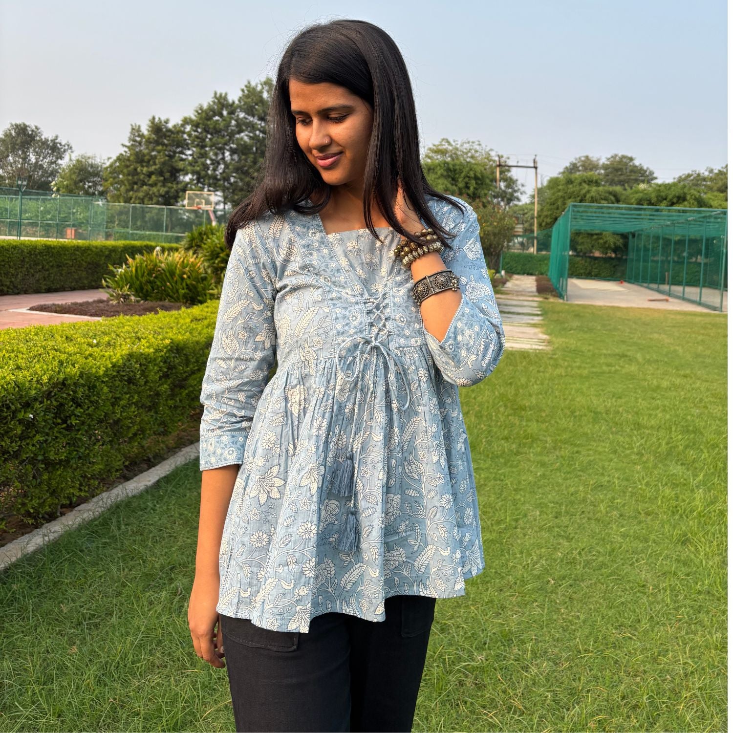 Light Blue Jaipuri Print Cotton Peplum Top For Women