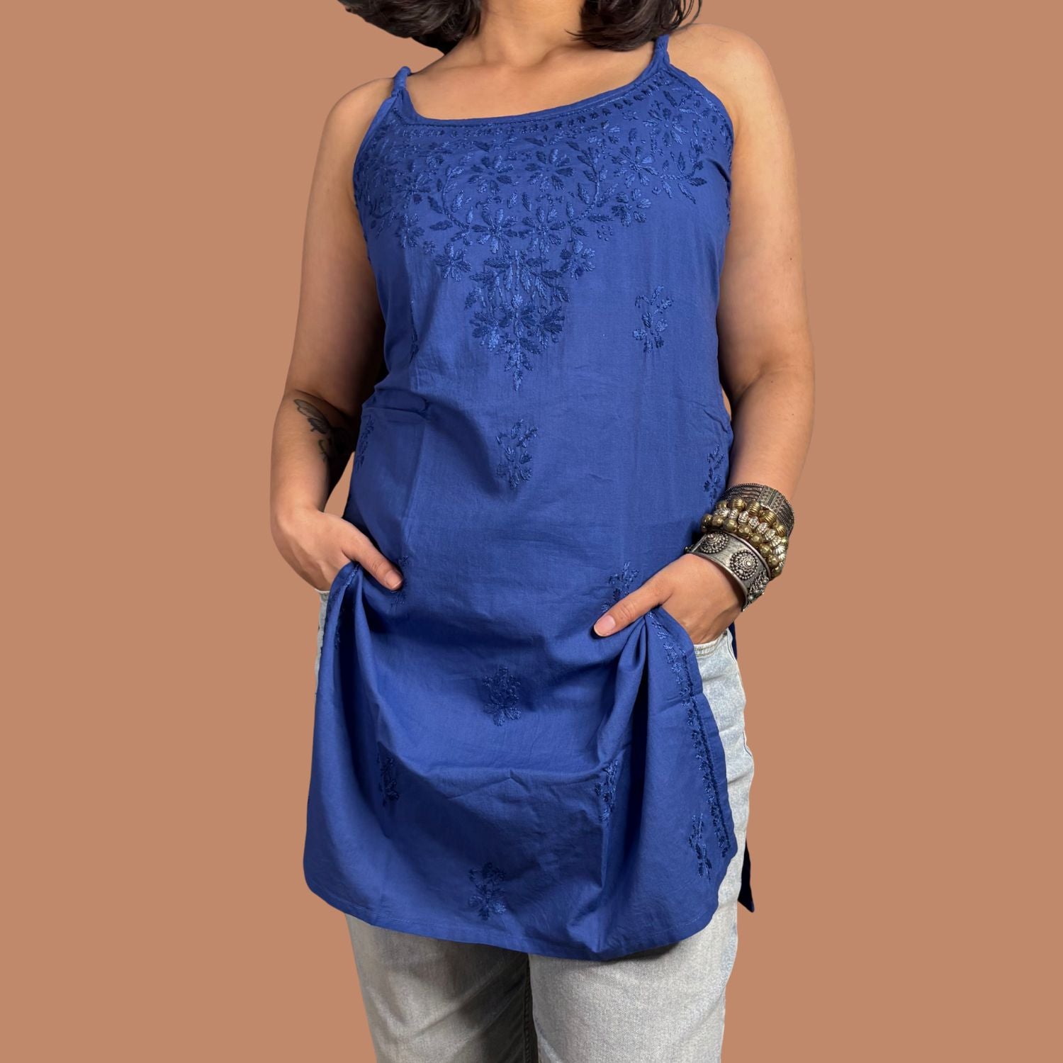 Women's Blue Chikankari Cotton Strap Straight Kurta