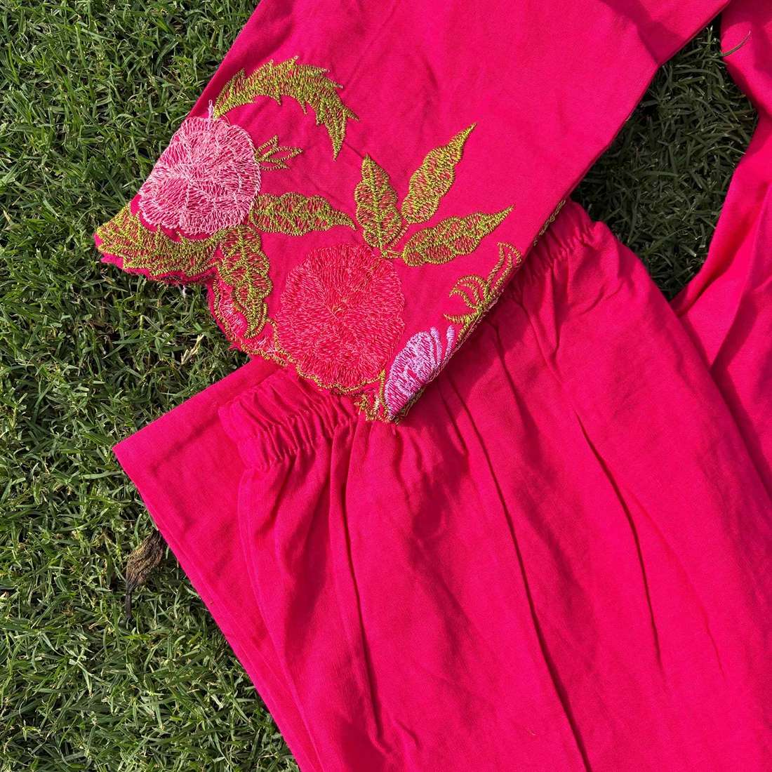 Rani Pink Pure Cotton Embroidered Co-ord Set With Printex Work For Women