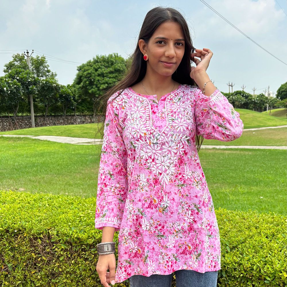 Pink Printed Cotton Chikankari Short Kurti For Women