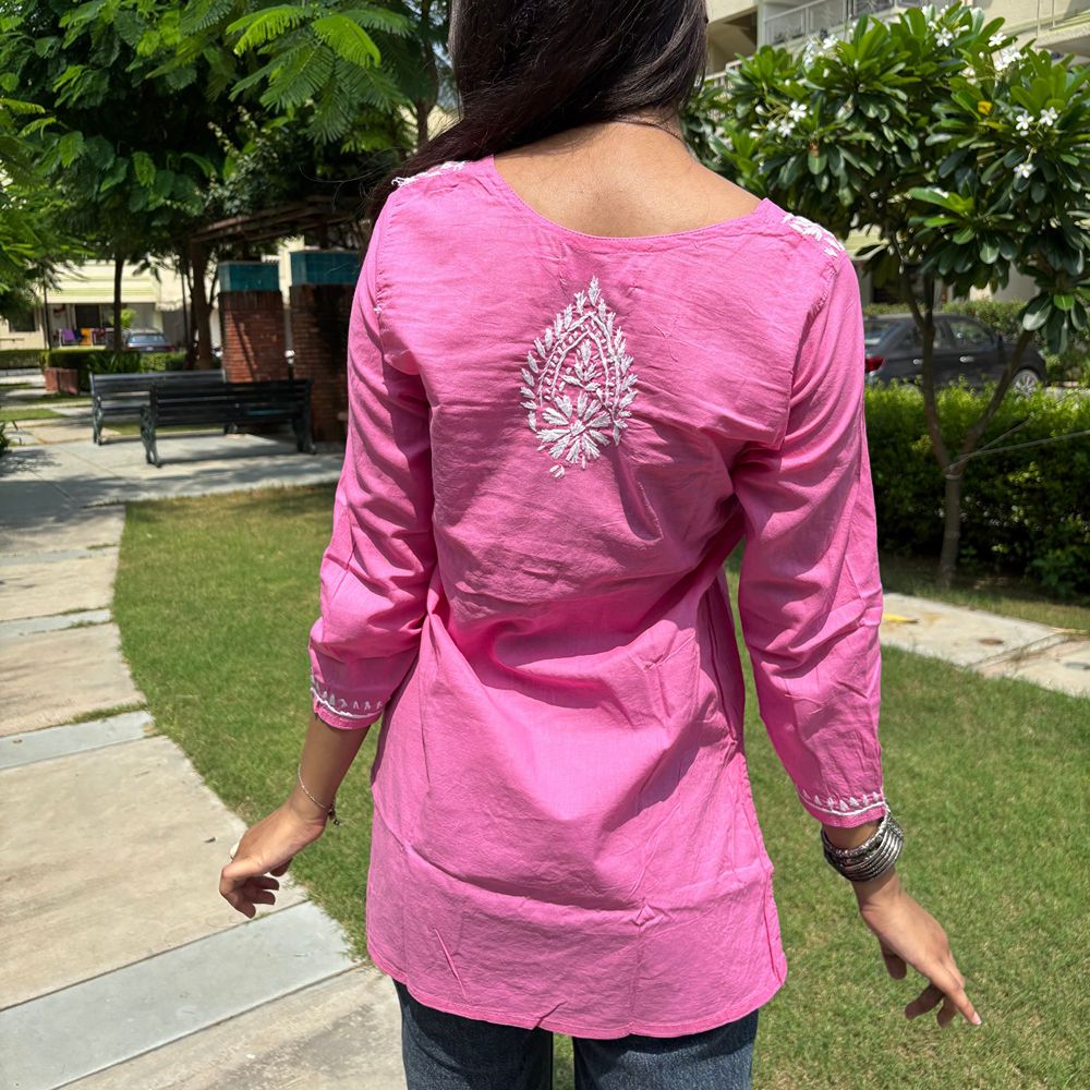 Women's Pure Cotton Pink Original Hand Chikankari Work Short Kurta