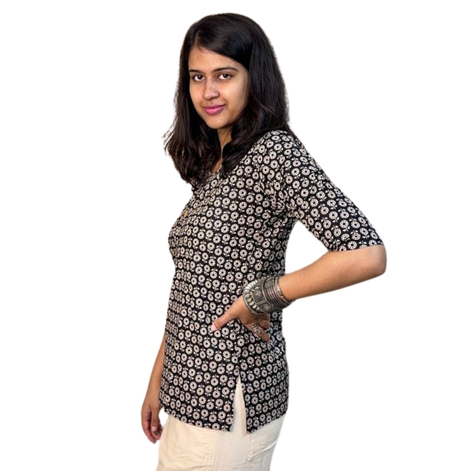 Daily Wear Black Printed Short Kurti For Women