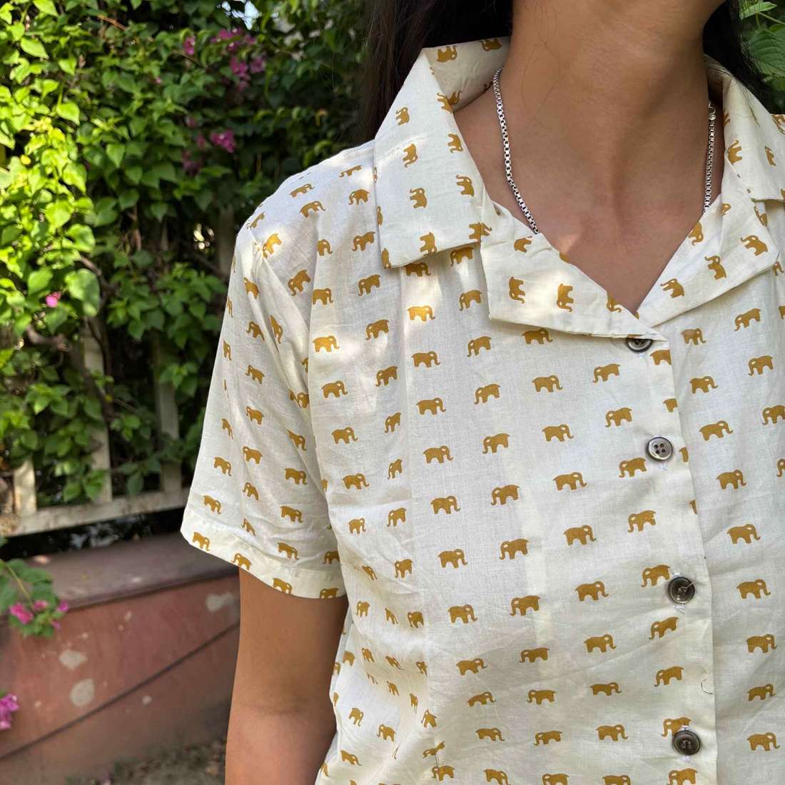 Yellow Cute Elephant Print Crop Shirt Pure Cotton For Women
