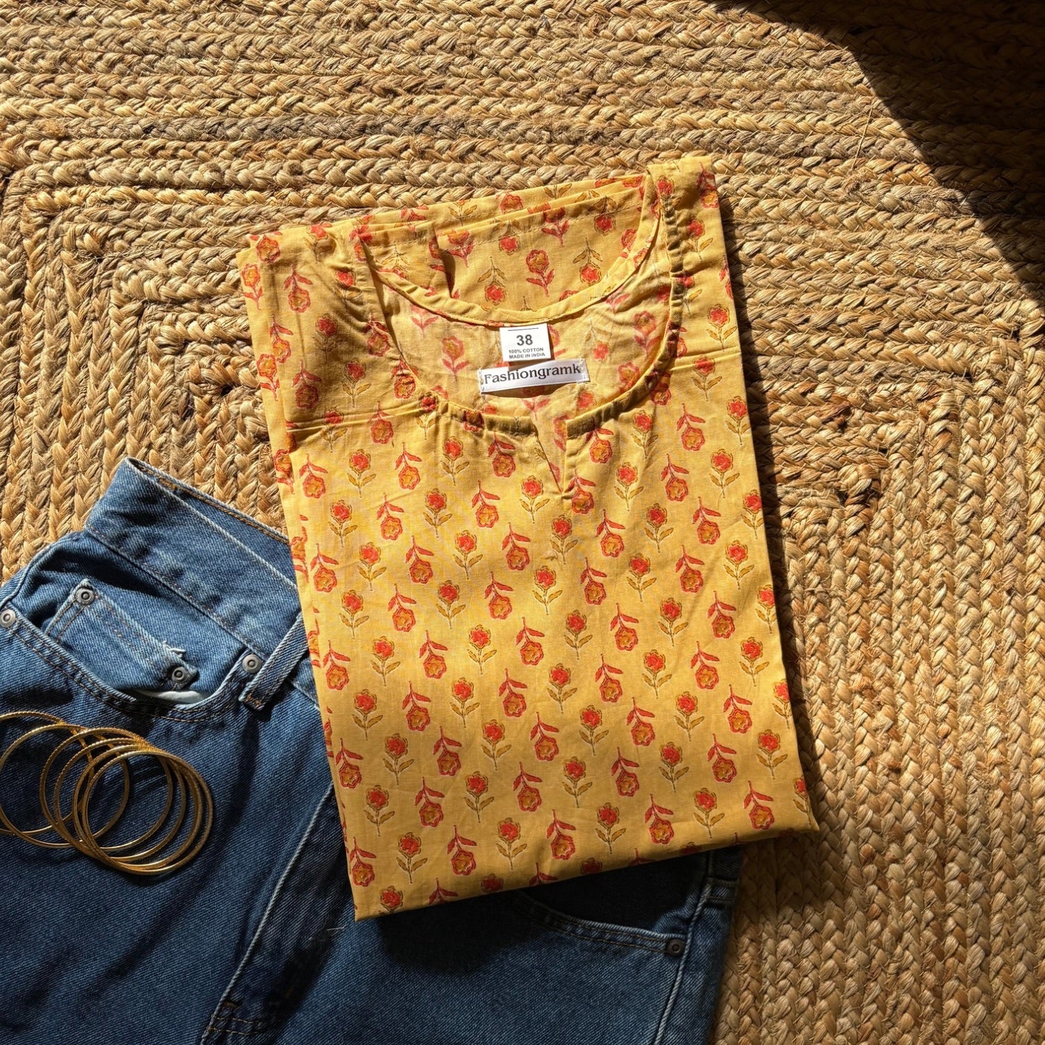 Yellow Color Pure Cotton 3/4th Sleeves Printed Short Kurti For Women