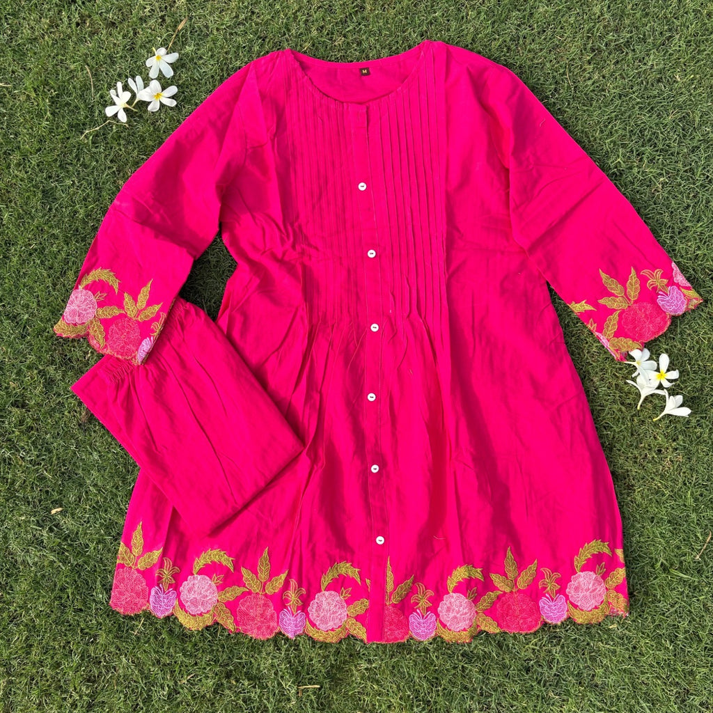 Rani Pink Pure Cotton Embroidered Co-ord Set With Printex Work For Women