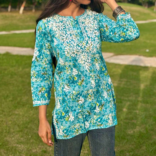 Turquoise Lucknowi Chikankari Printed Cotton Short Kurti For Women