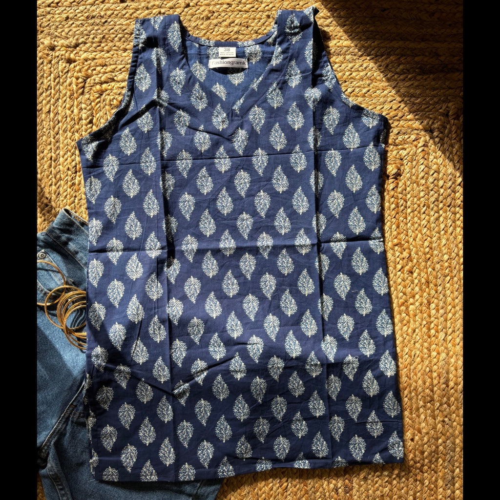 Cut Sleeves Pure Cotton Blue Color Jaipuri Print Short Kurti For Women