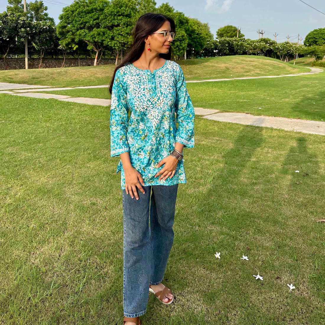Turquoise Lucknowi Chikankari Printed Cotton Short Kurti For Women