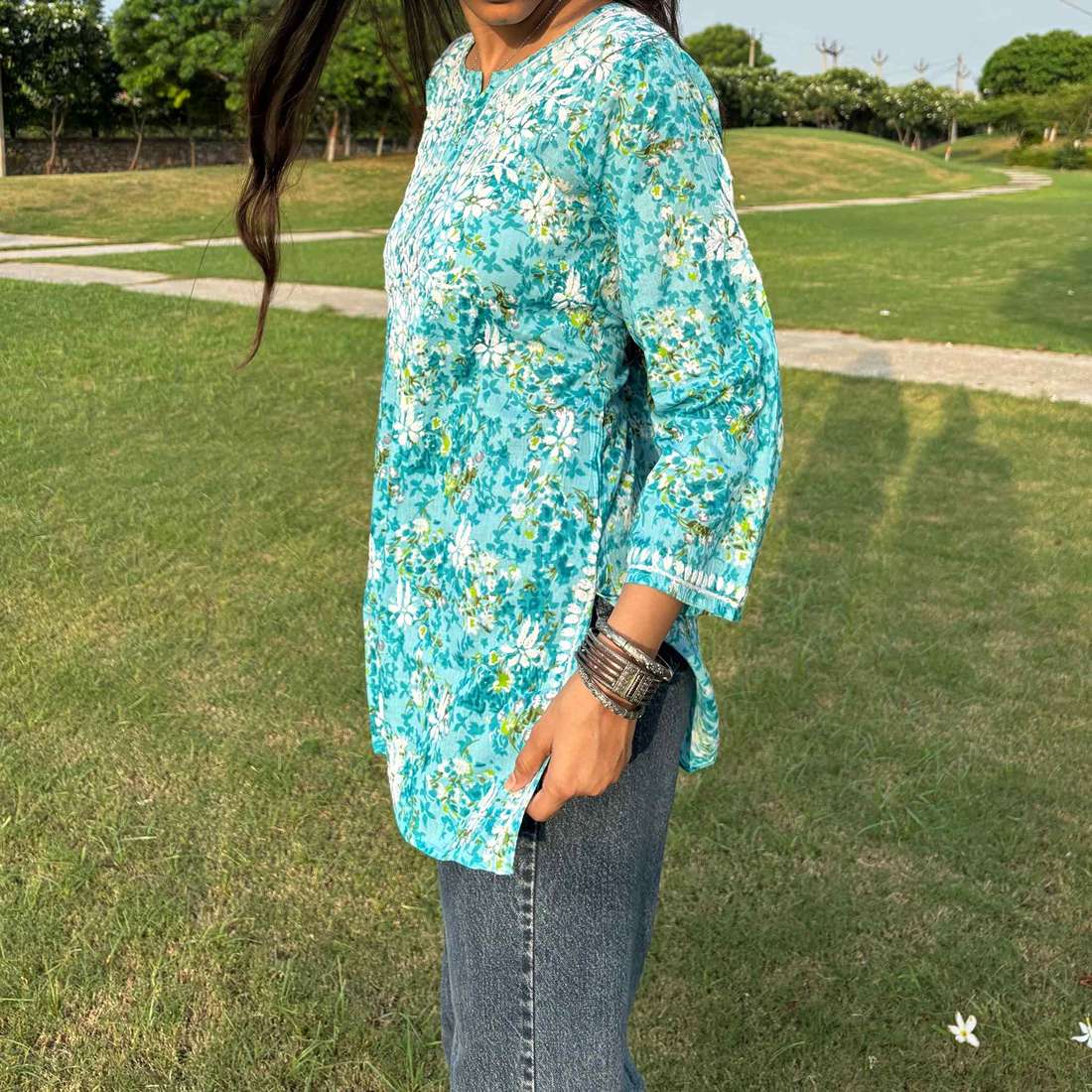 Turquoise Lucknowi Chikankari Printed Cotton Short Kurti For Women