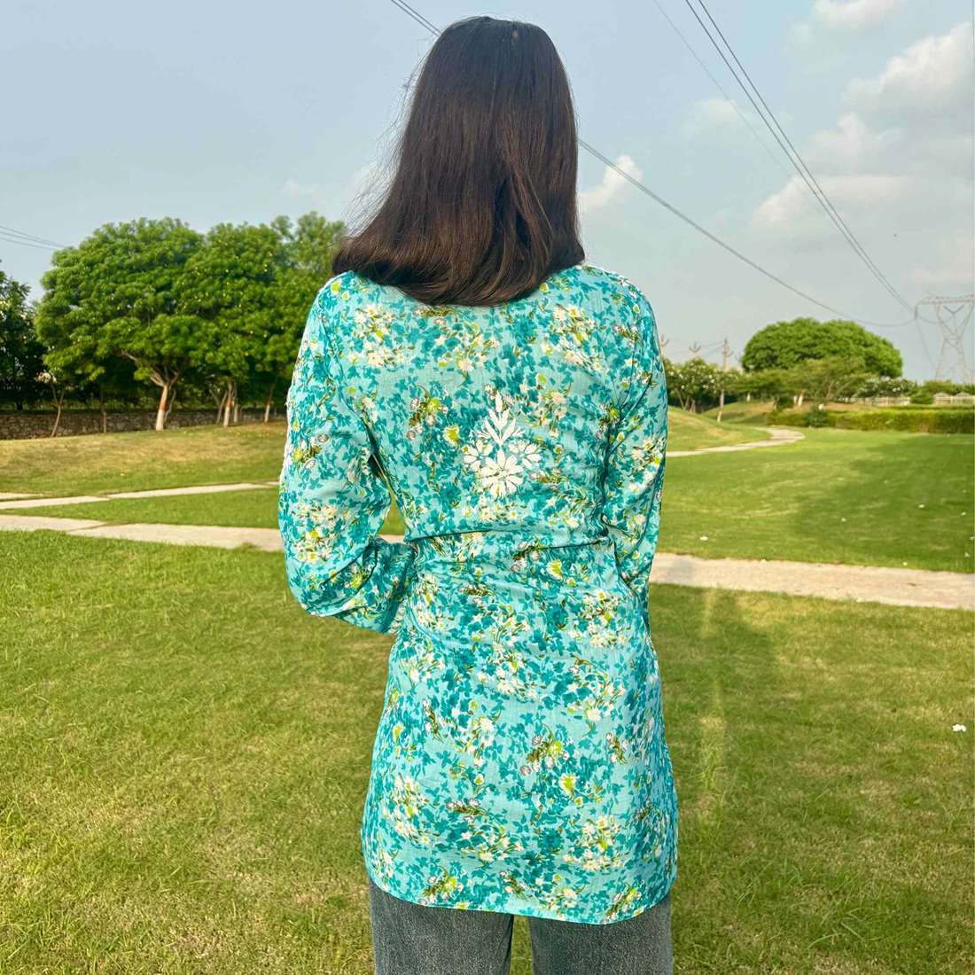 Turquoise Lucknowi Chikankari Printed Cotton Short Kurti For Women