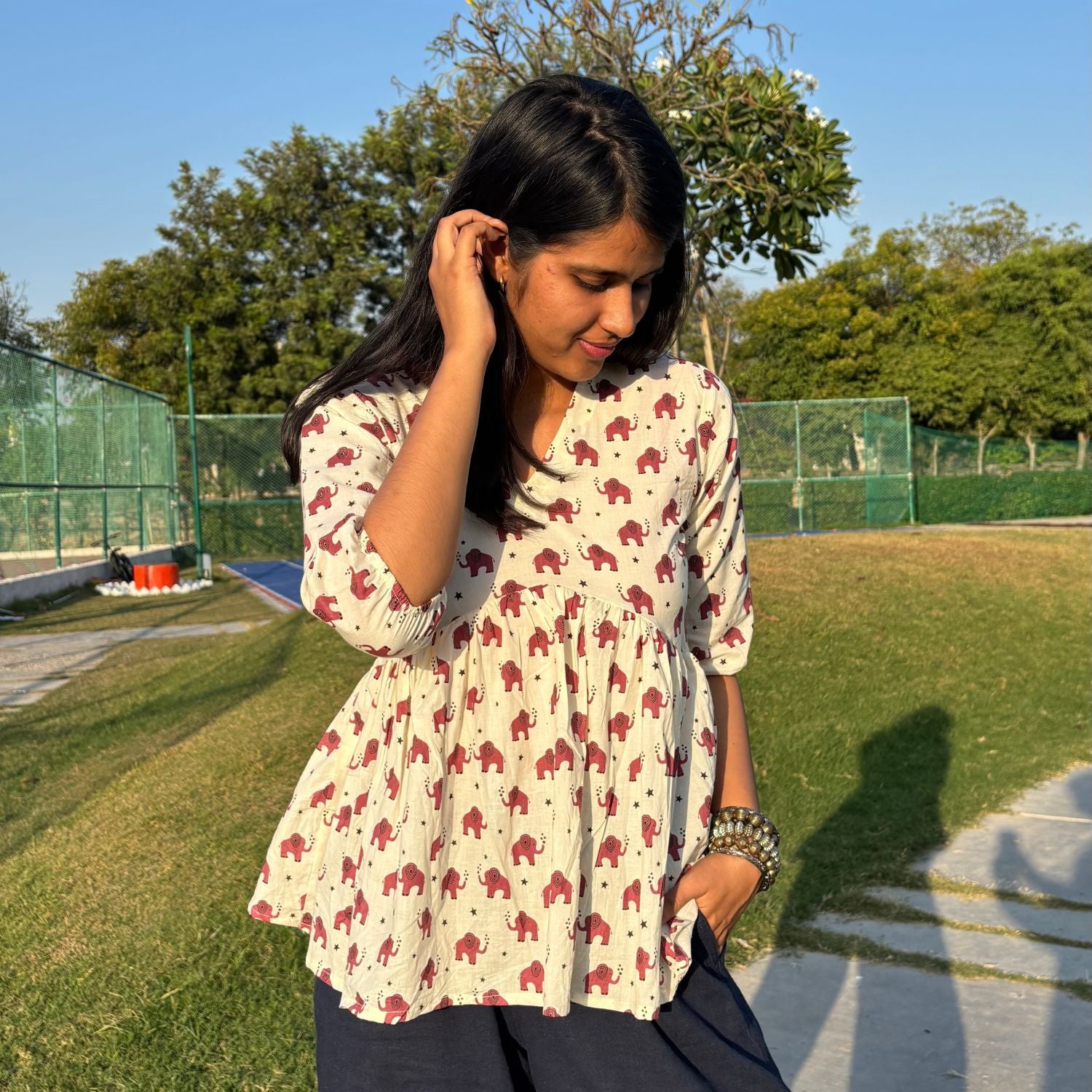 Pure Cotton Alia Cut Red Elephant Print Short Kurti For Women