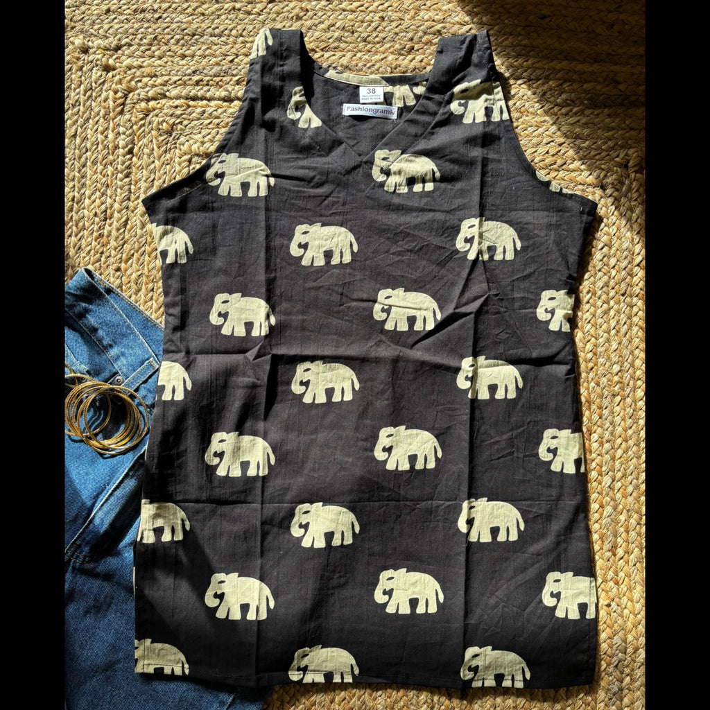 Cut Sleeves Pure Cotton Black Elephant Print Short Kurti For Women