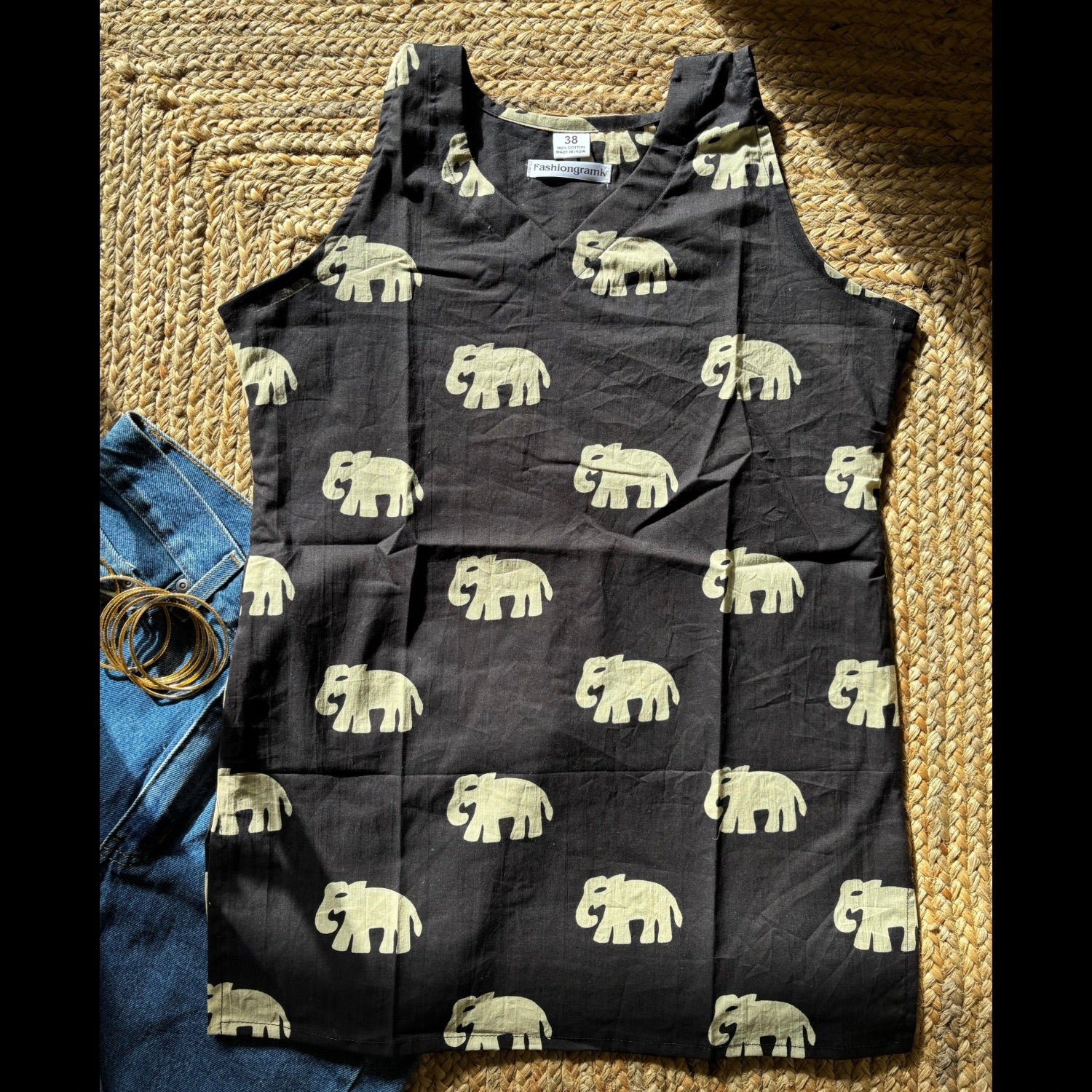 Cut Sleeves Pure Cotton Black Elephant Print Short Kurti For Women
