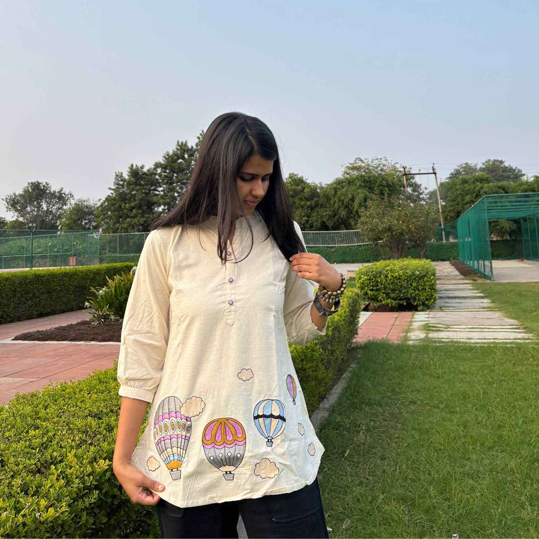 Off White Embroidery Cotton Top For Women 3/4th Sleeves