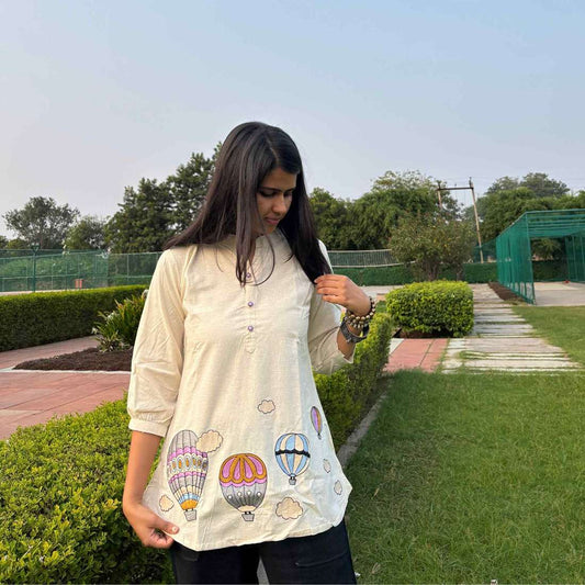 Off White Embroidery Cotton Top For Women 3/4th Sleeves