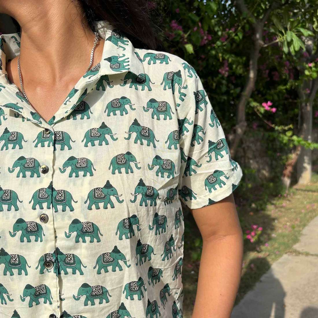 Crop Shirt Pure Cotton Elephant Print Green Color For Women
