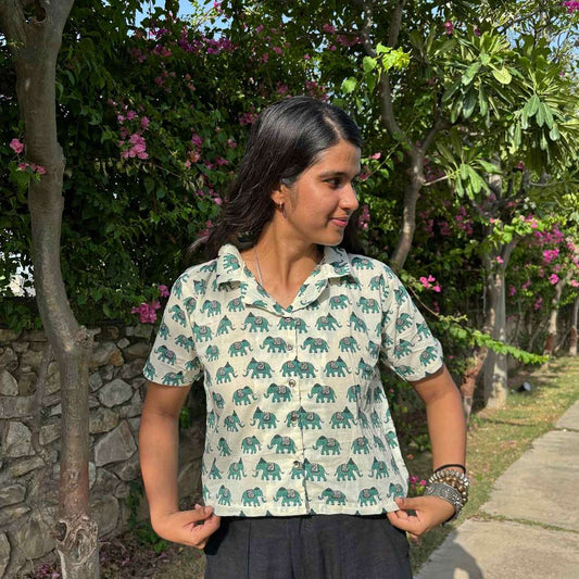 Crop Shirt Pure Cotton Elephant Print Green Color For Women