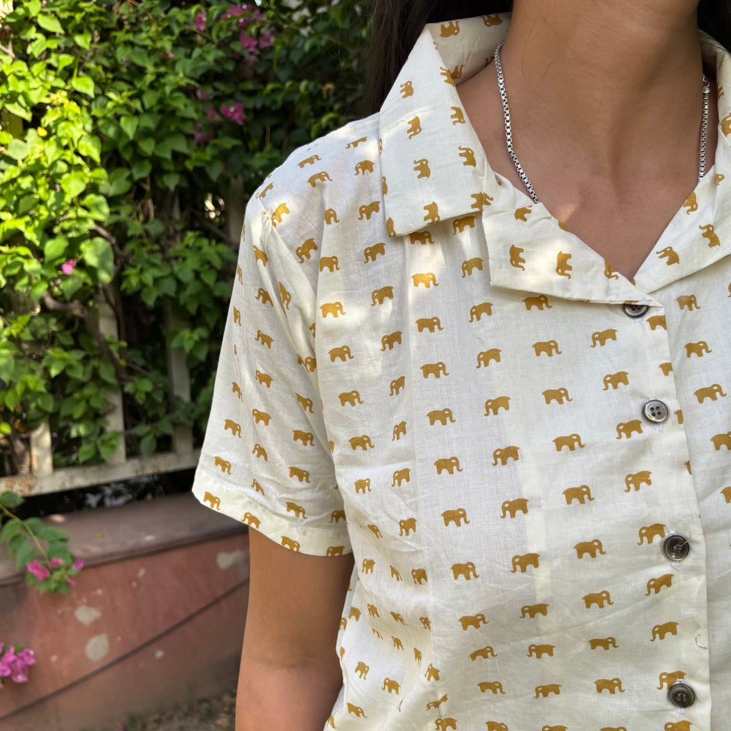 Yellow Cute Elephant Print Crop Shirt Pure Cotton For Women