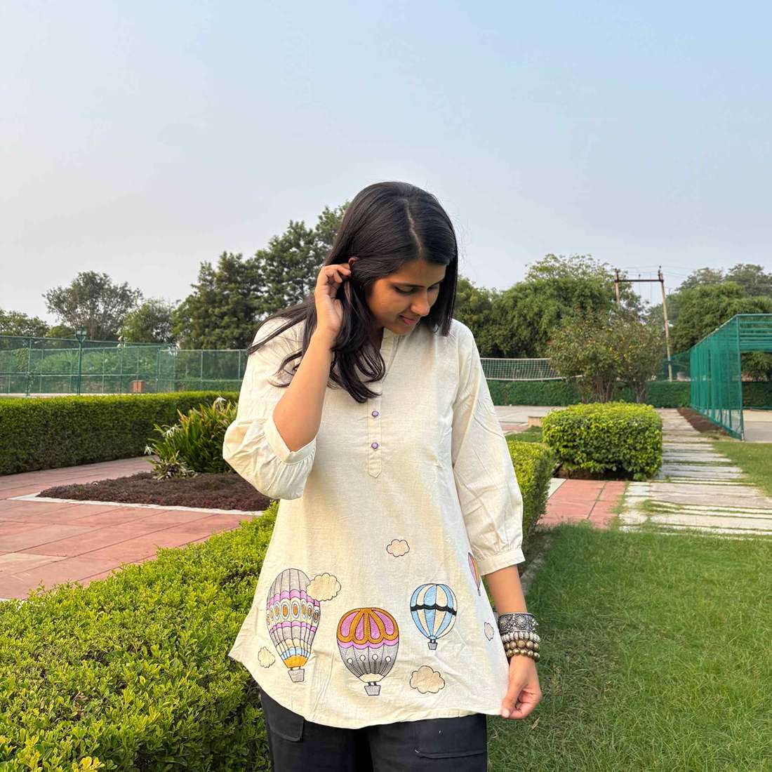 Off White Embroidery Cotton Top For Women 3/4th Sleeves