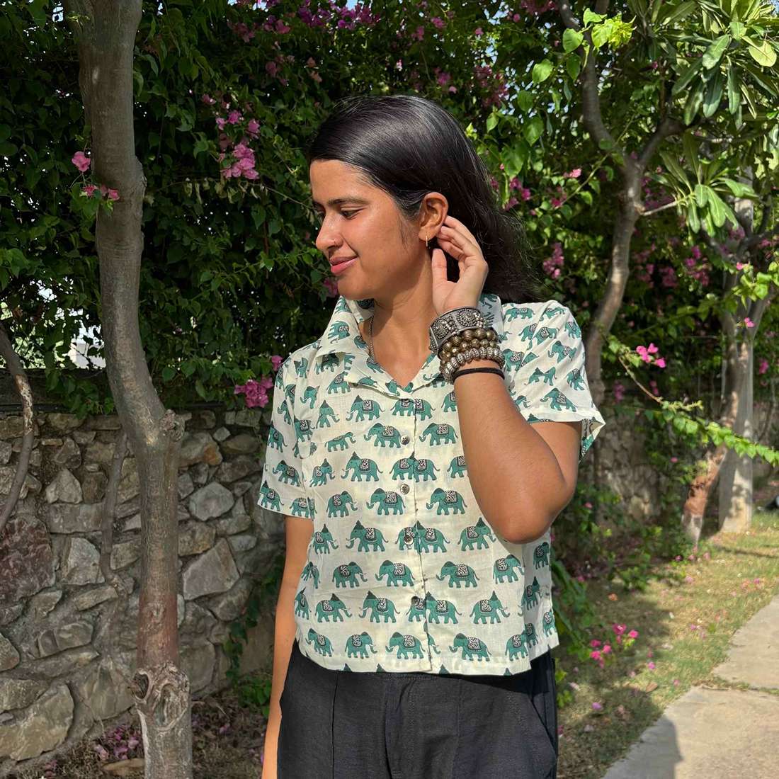 Crop Shirt Pure Cotton Elephant Print Green Color For Women