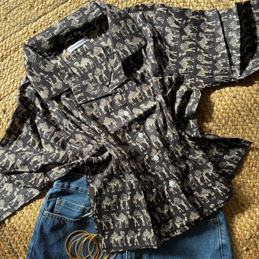 Black Camel Print Crop Shirt Pure Cotton For Women