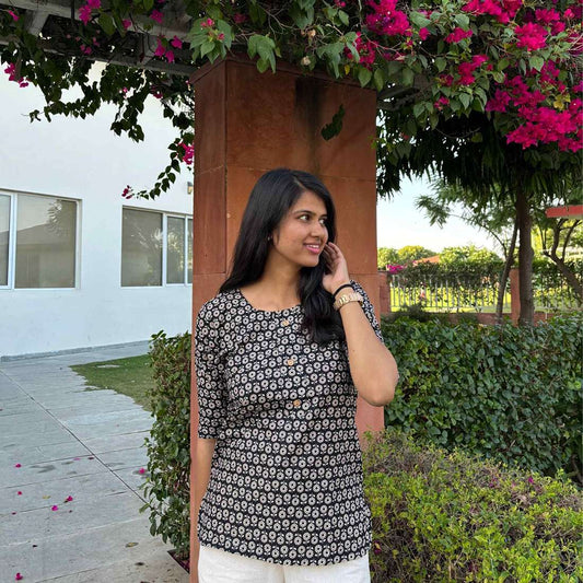 Daily Wear Black Printed Short Kurti For Women