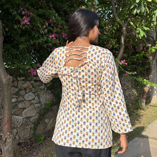 Pure Cotton Full Sleeves White Printed Short Kurti With Back Zig Zag Dori