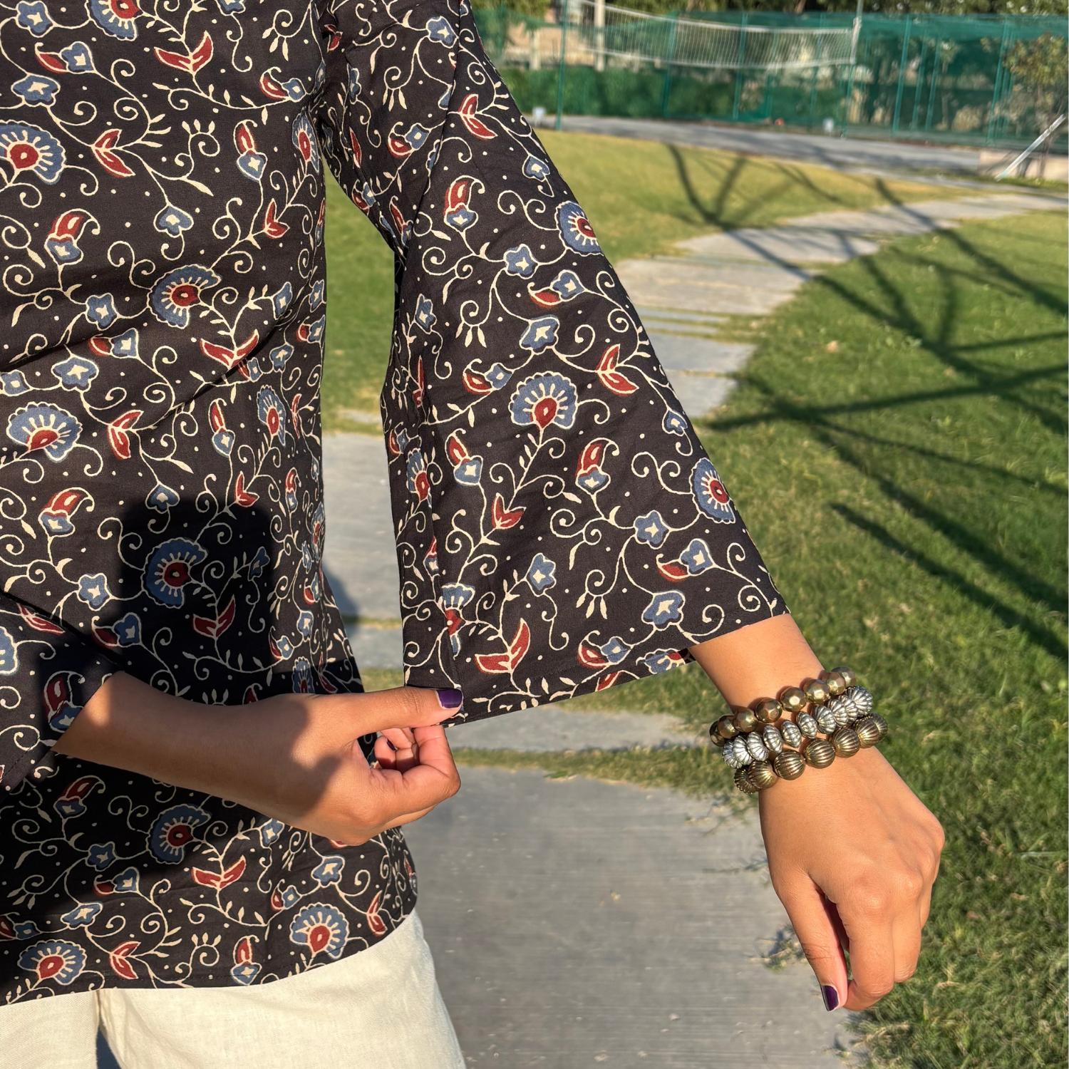 Pure Cotton Full Sleeves Black Jaipuri Printed Short Kurti With Back Zig Zag Dori