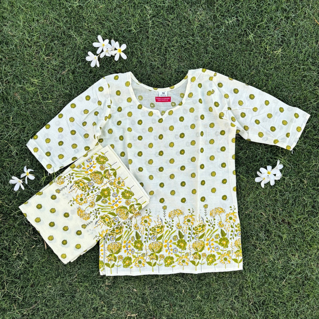 Cotton Green White Printed Co-ord Set For Women