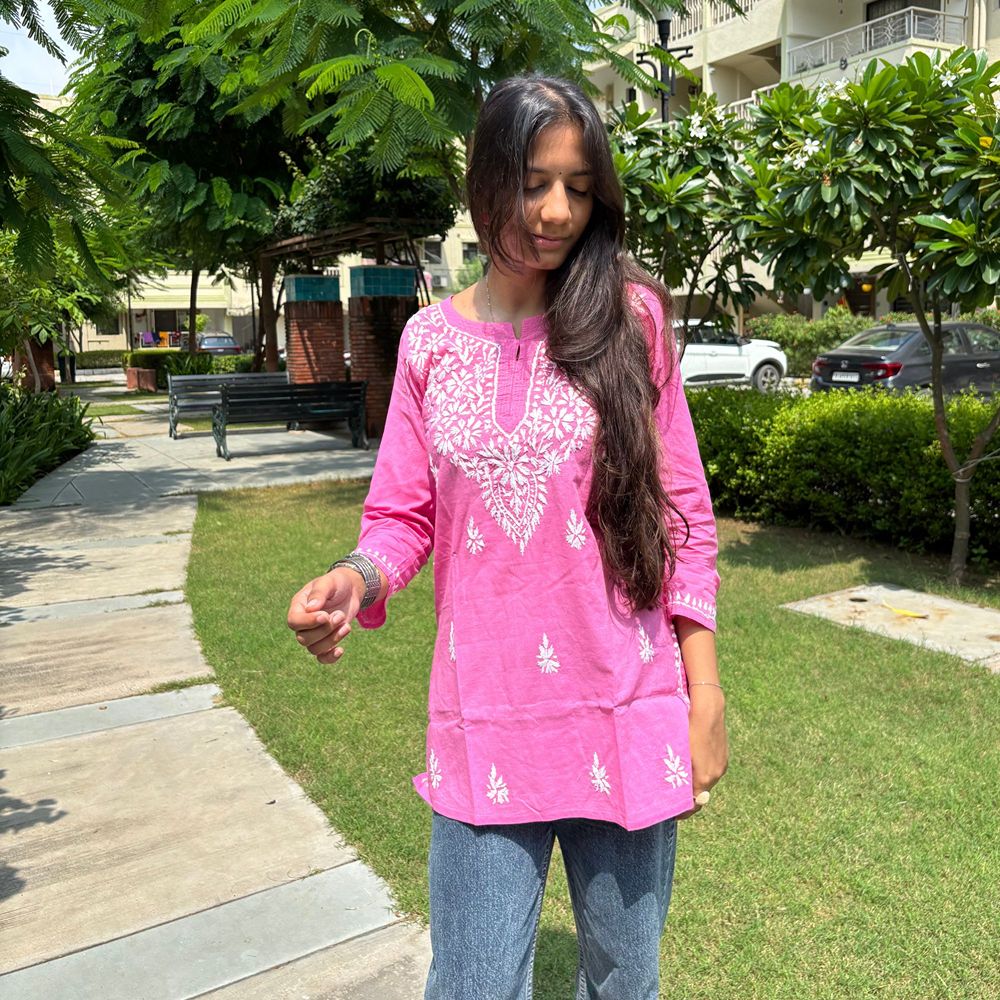 Women's Pure Cotton Pink Original Hand Chikankari Work Short Kurta