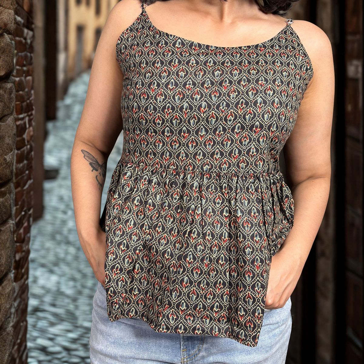 Black Cotton Printed Peplum Strap Top For Women Sleeveless