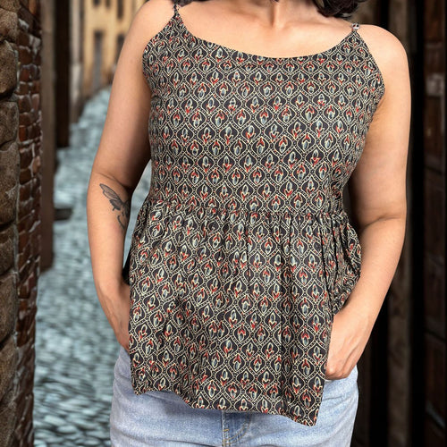 Black Cotton Printed Peplum Strap Top For Women Sleeveless