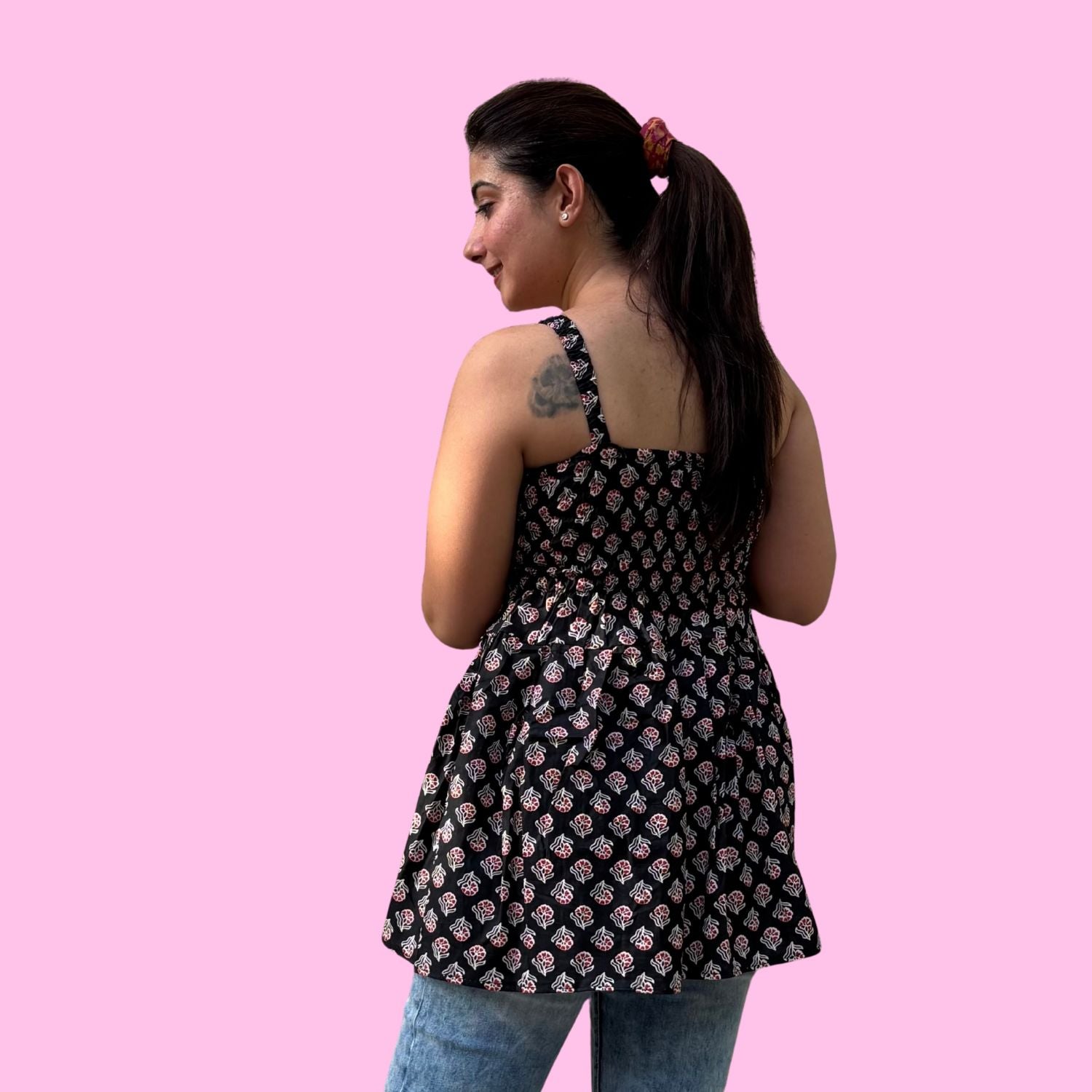 Women's Floral Print Smocked Black Tank Top, Casual Summer Wear