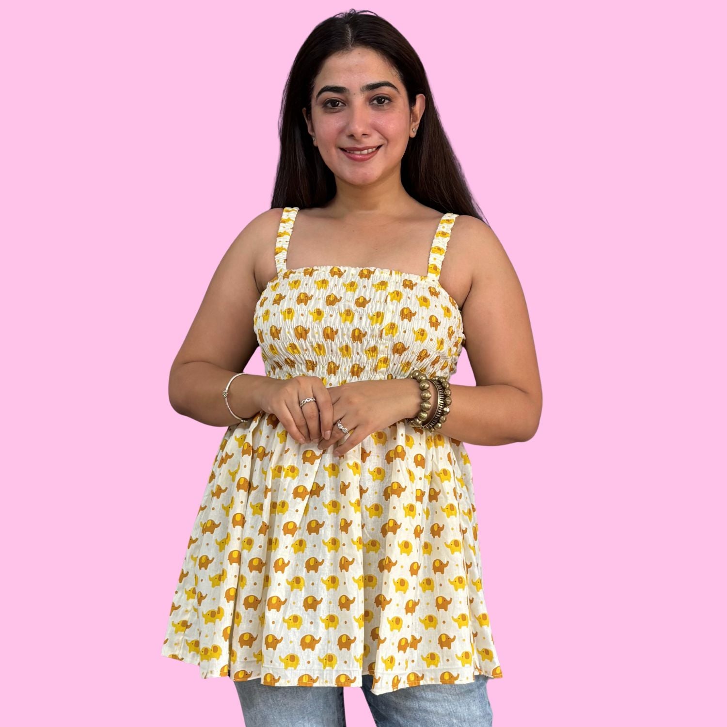 Women's Cotton Elephant Print Smocked Tank Top, Yellow, Casual Summer Wear