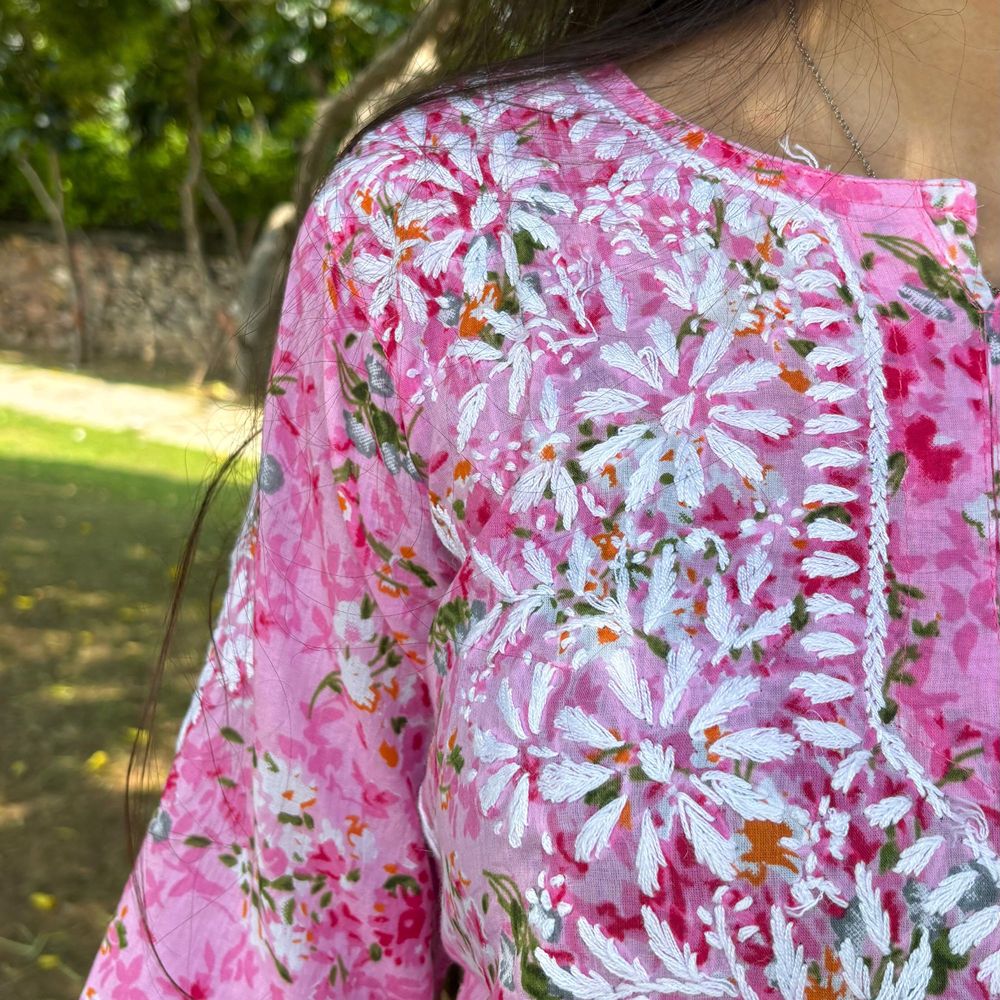 Pink Printed Cotton Chikankari Short Kurti For Women