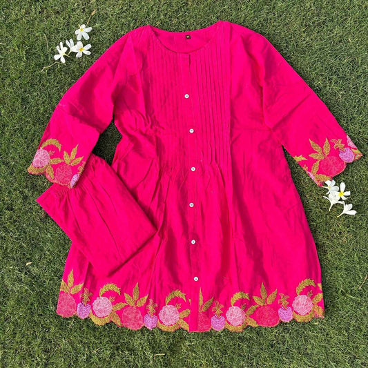 Rani Pink Pure Cotton Embroidered Co-ord Set With Printex Work For Women