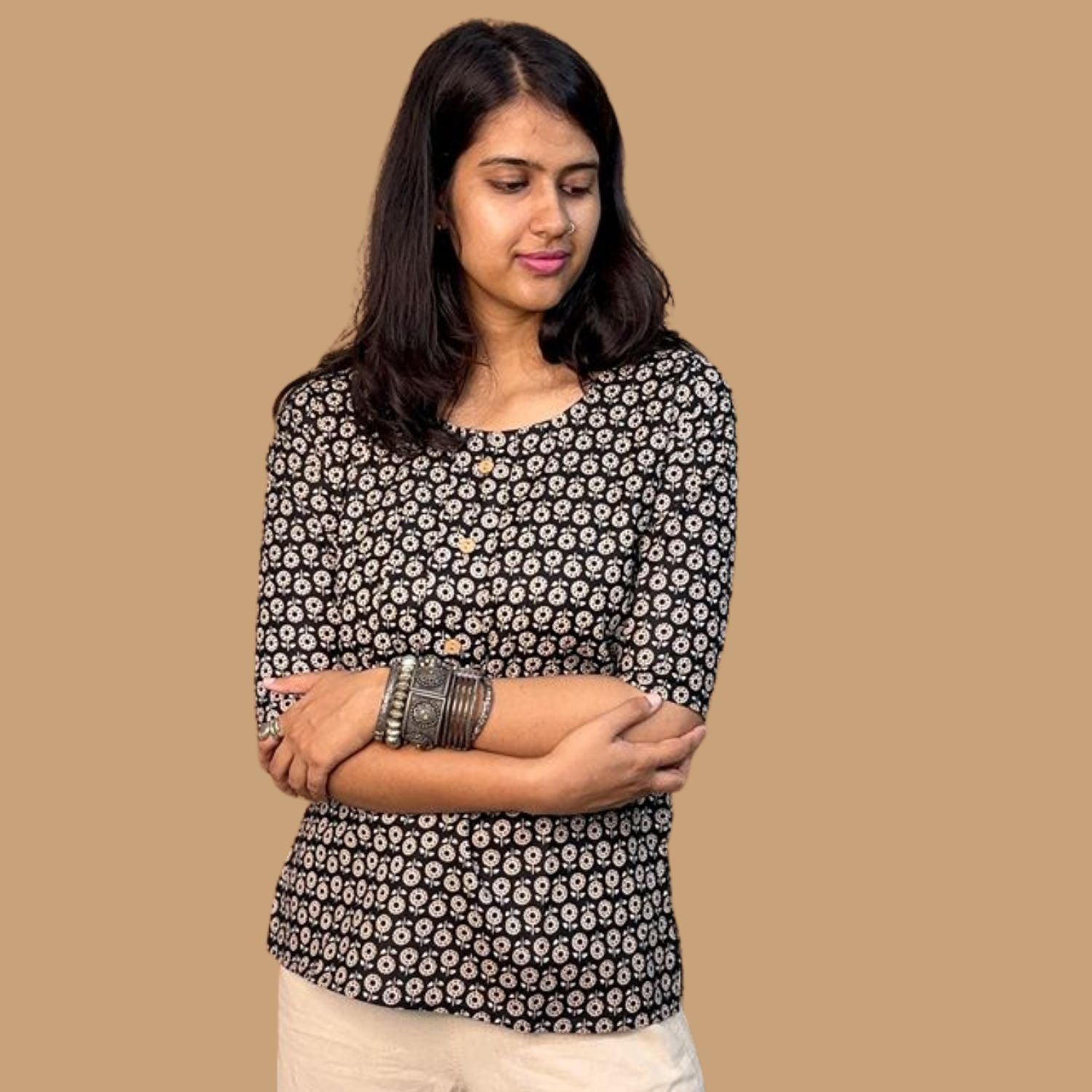 Daily Wear Black Printed Short Kurti For Women