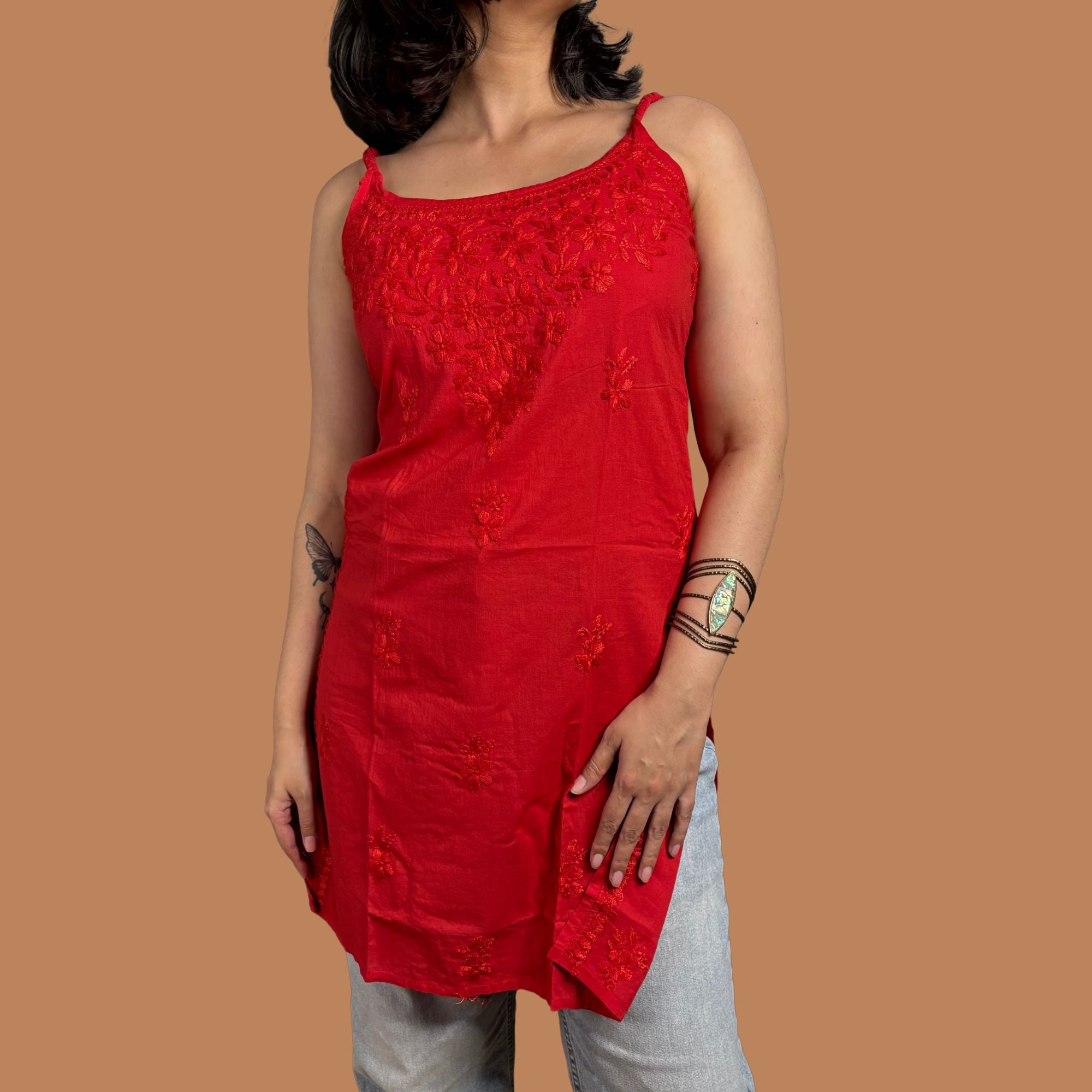 Pure Cotton Red Strap Chikankari Straight Kurta For Women
